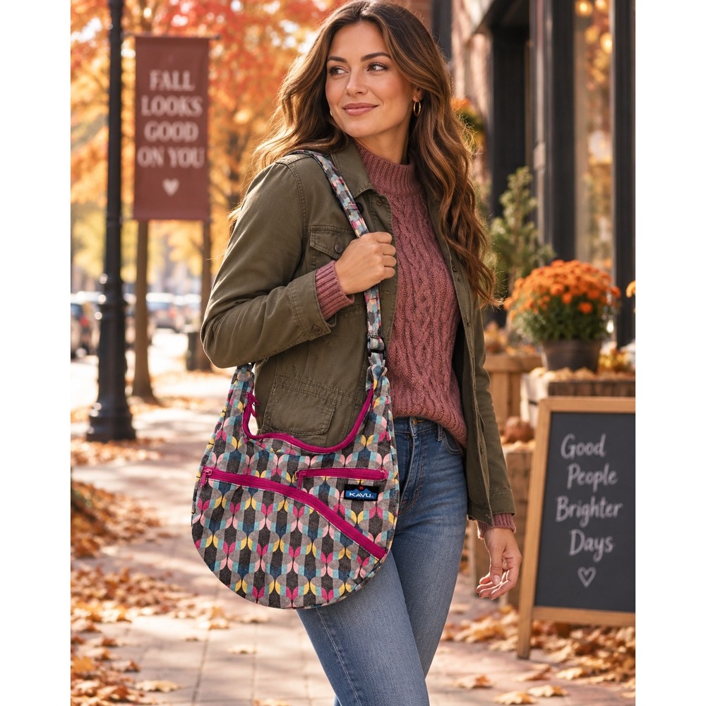 KAVU Sydney Satchel Crossbody Bag Geometric Canvas Crescent Hobo Gorpcore